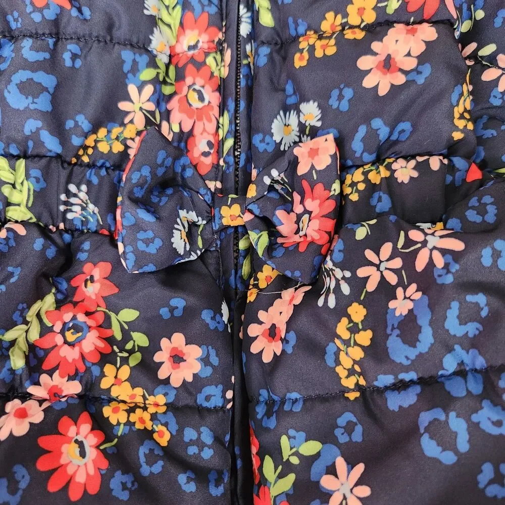 Little Me girls floral puffer hood heavyweight jacket blue pink size 2T